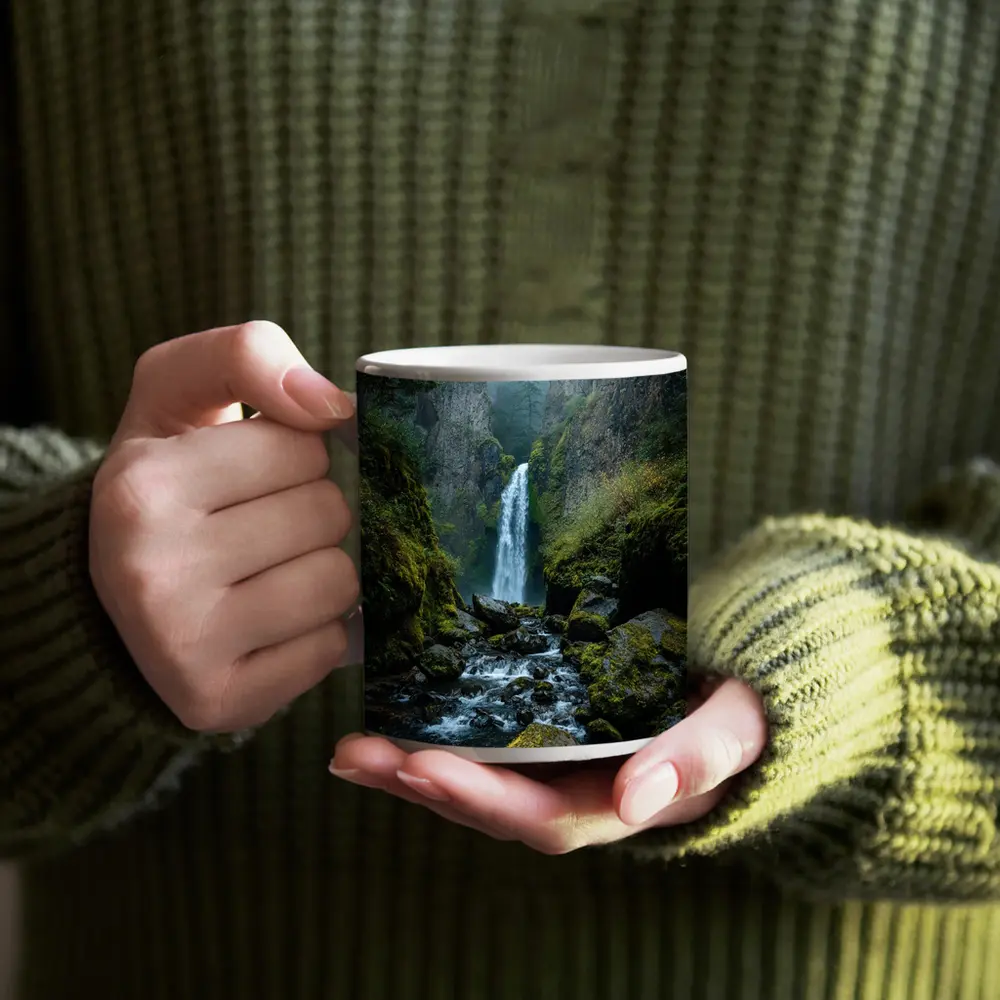 Misty Waterfall Cascading Over Mossy Rocks – Mugs