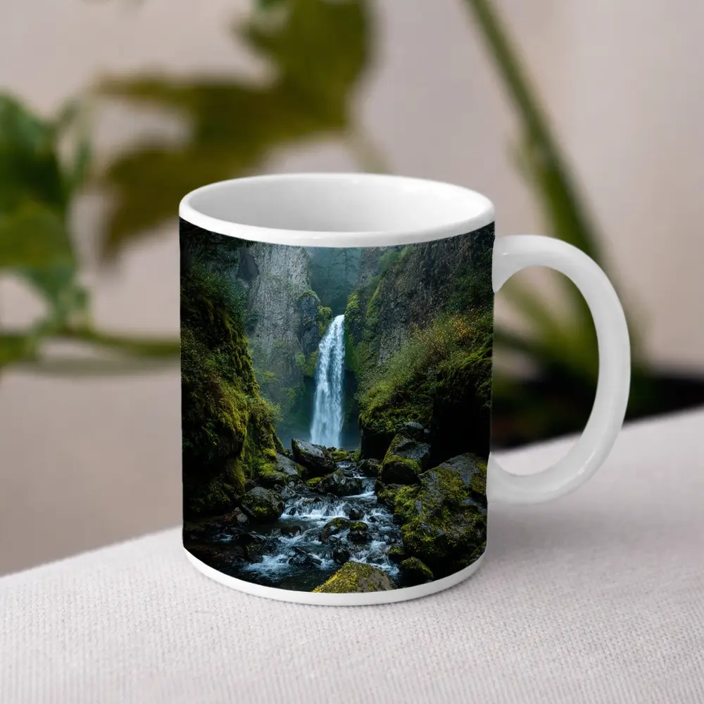 Misty Waterfall Cascading Over Mossy Rocks – Mugs