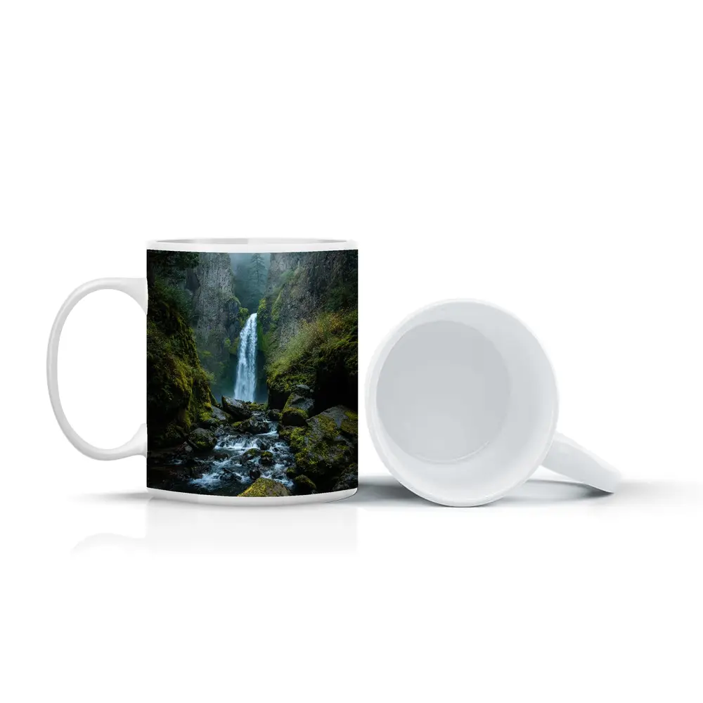 Misty Waterfall Cascading Over Mossy Rocks – Mugs
