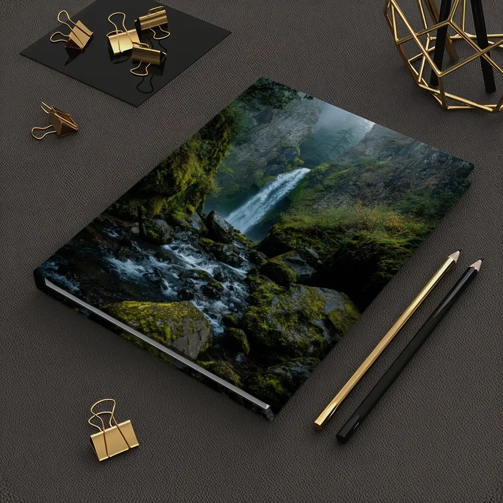 Misty Waterfall Cascading Over Mossy Rocks – Notebooks