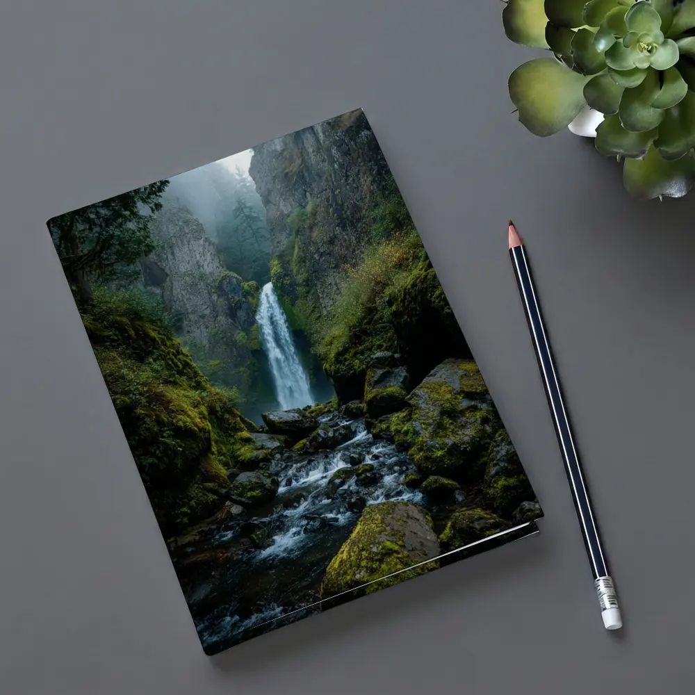 Misty Waterfall Cascading Over Mossy Rocks – Notebooks
