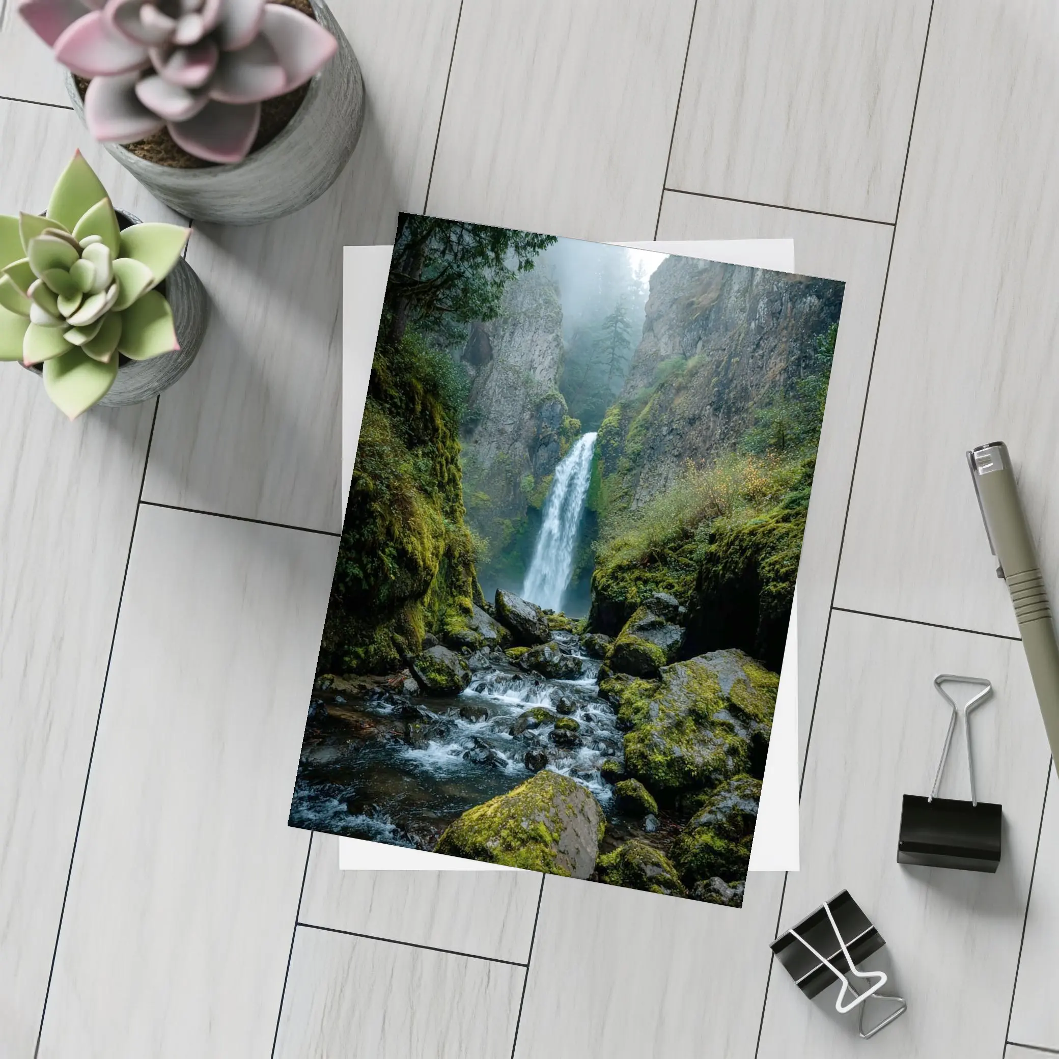 Misty Waterfall Cascading Over Mossy Rocks – Postcards
