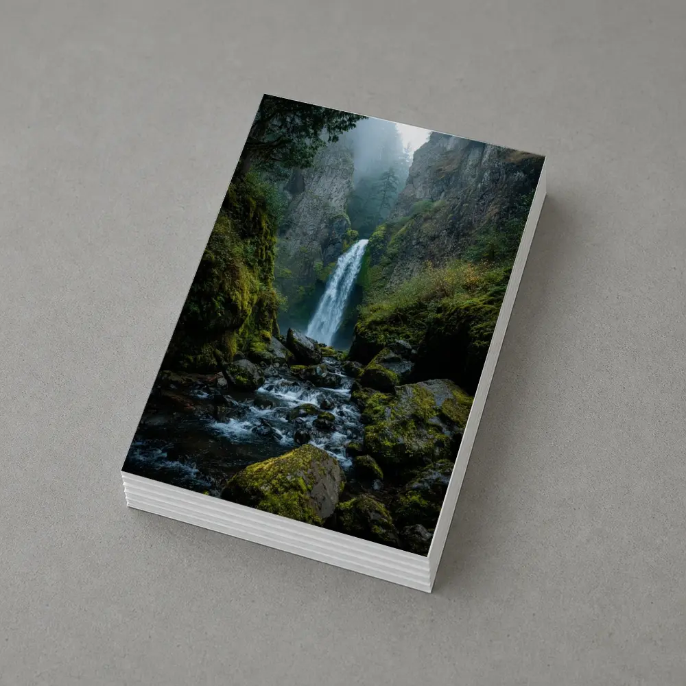 Misty Waterfall Cascading Over Mossy Rocks – Postcards