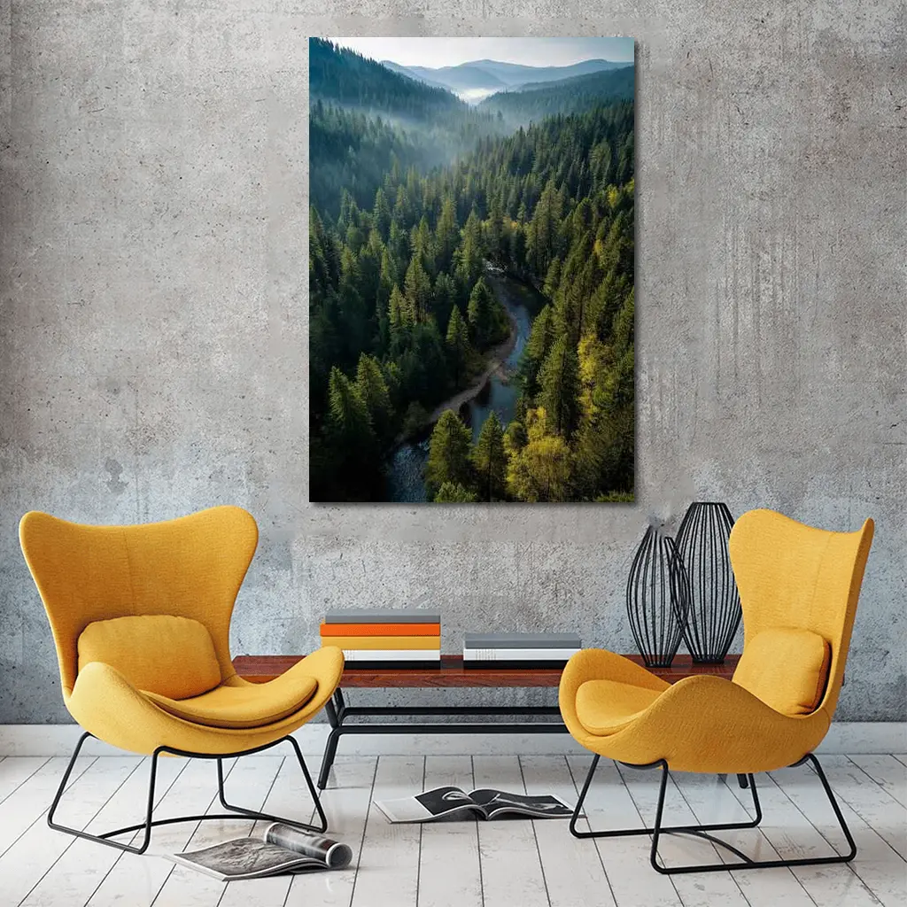 Aerial Forest River Valley Misty Mountains – Wall Art