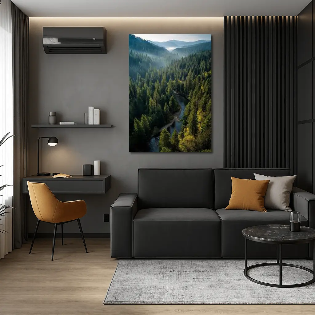 Aerial Forest River Valley Misty Mountains – Wall Art