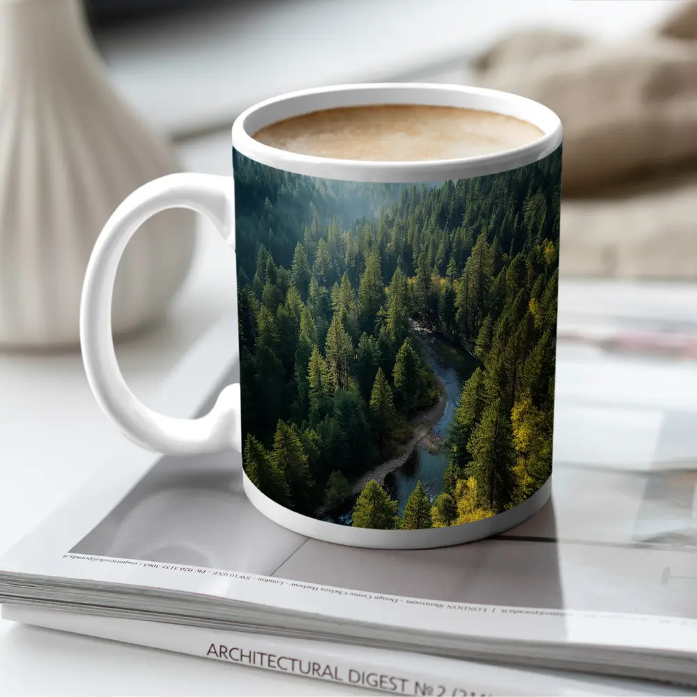 Aerial Forest River Valley Misty Mountains – Mugs
