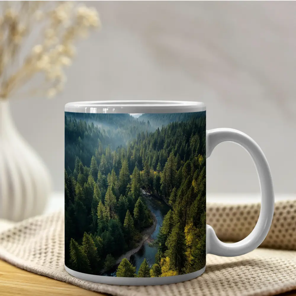 Aerial Forest River Valley Misty Mountains – Mugs