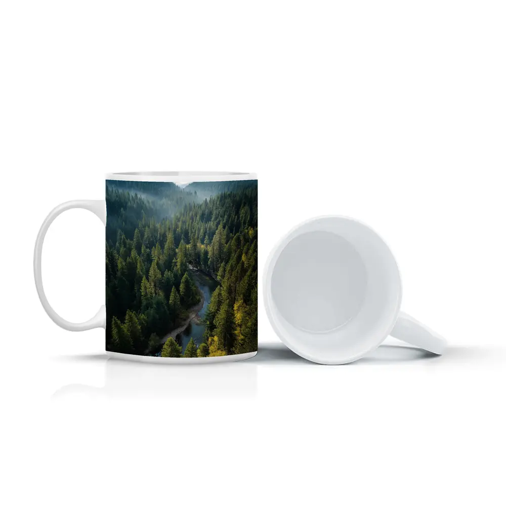 Aerial Forest River Valley Misty Mountains – Mugs