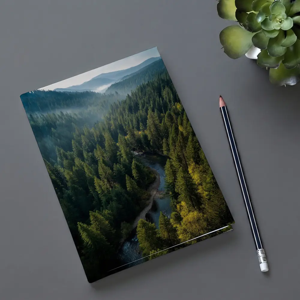 Aerial Forest River Valley Misty Mountains – Notebooks