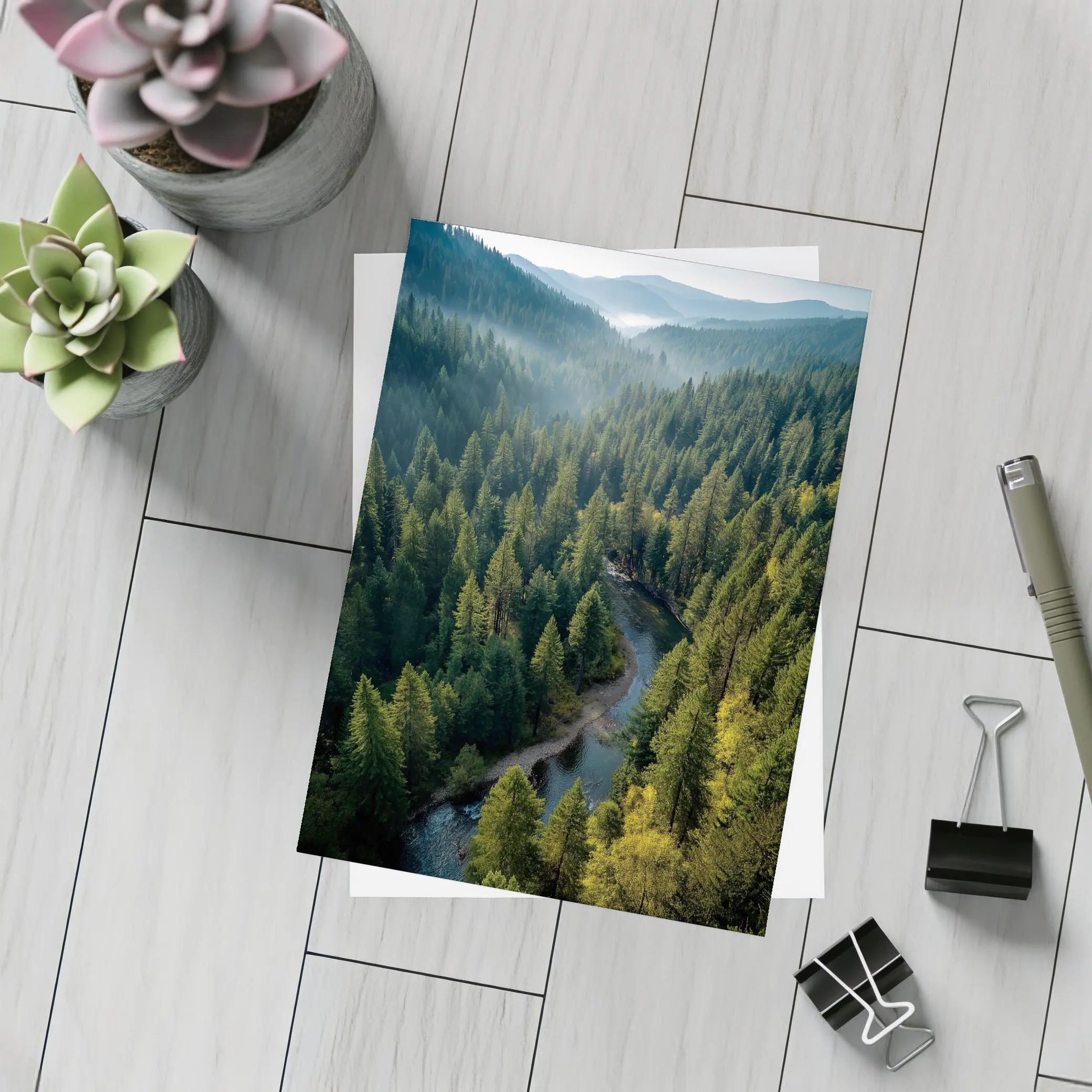 Aerial Forest River Valley Misty Mountains – Postcards