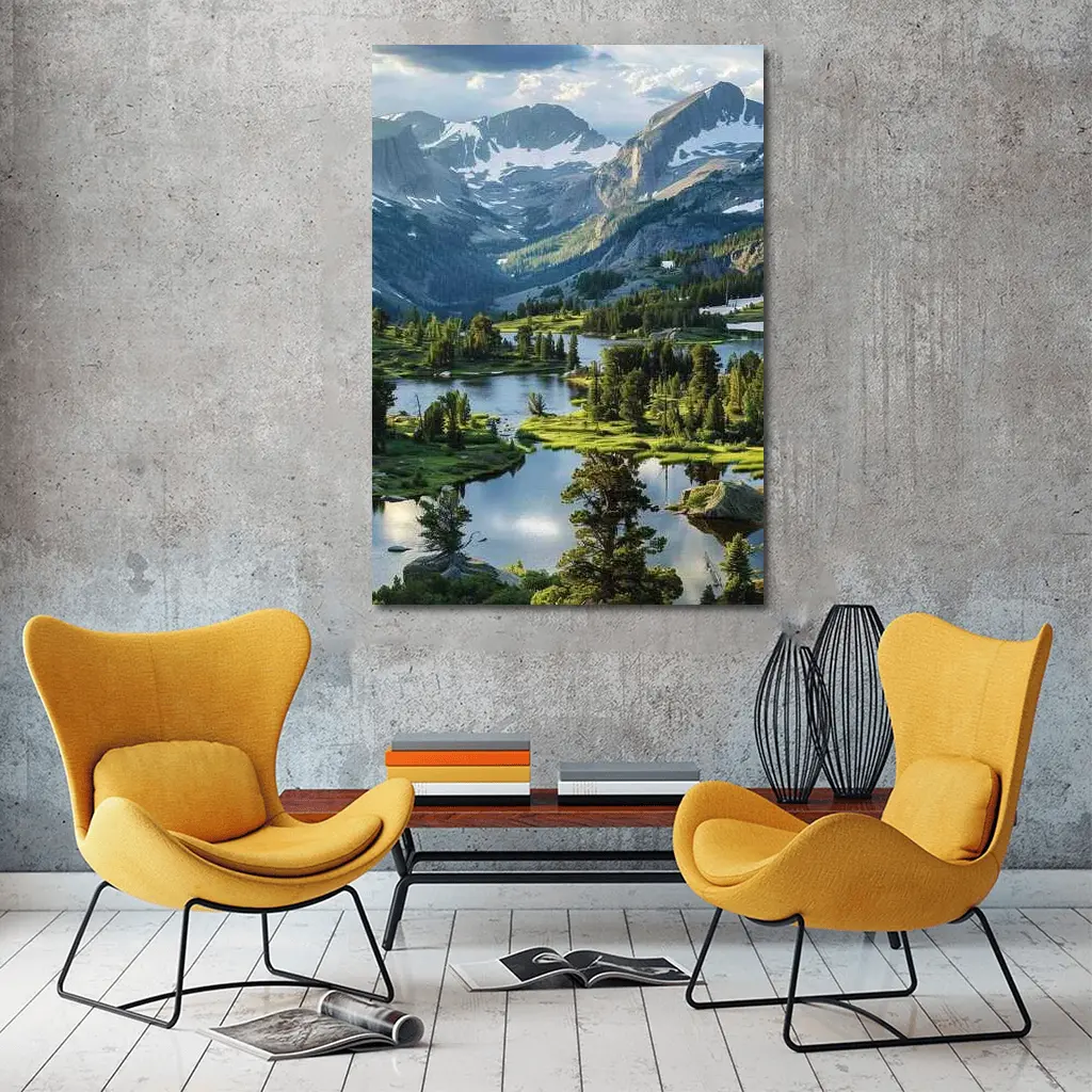 Alpine Lake Valley Snow Capped Mountains – Wall Art