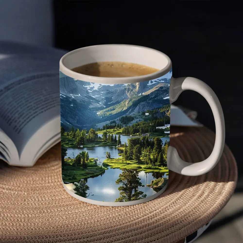 Alpine Lake Valley Snow Capped Mountains – Mugs