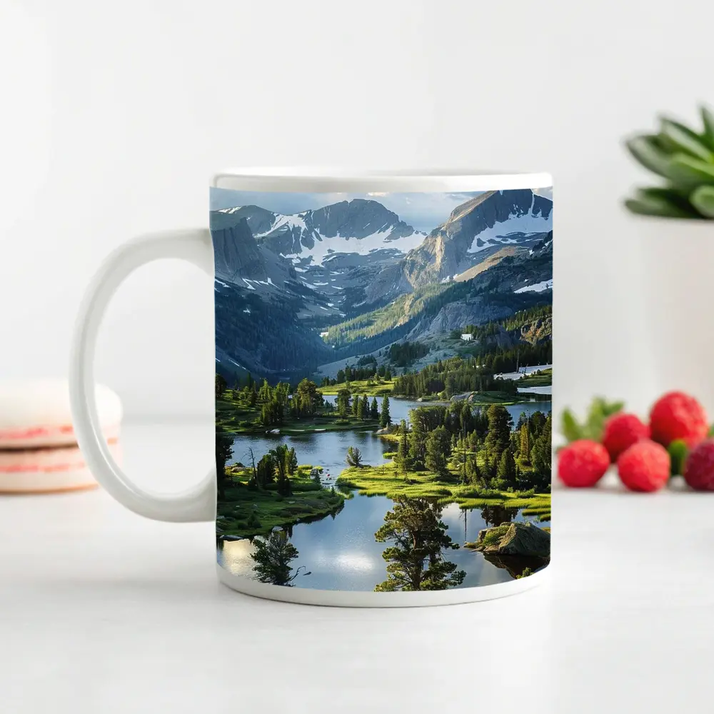 Alpine Lake Valley Snow Capped Mountains – Mugs