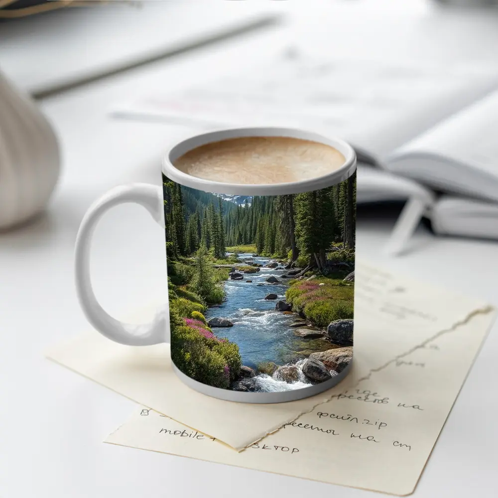 Mountain Stream Rocky Alpine Forest Landscape – Mugs