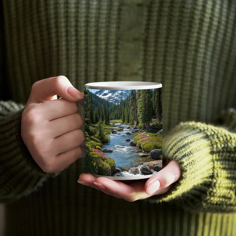 Mountain Stream Rocky Alpine Forest Landscape – Mugs