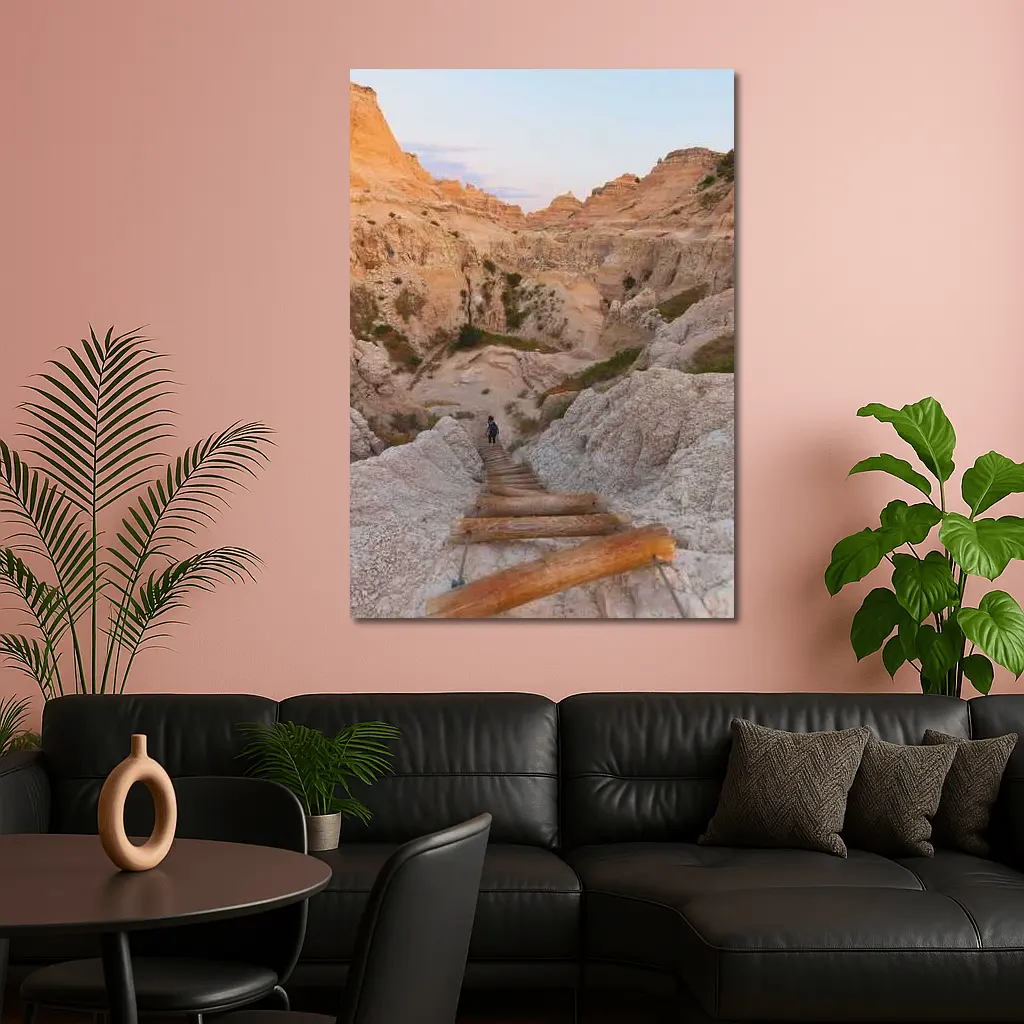 Badlands Canyon Hiker Wooden Ladder Desert – Wall Art