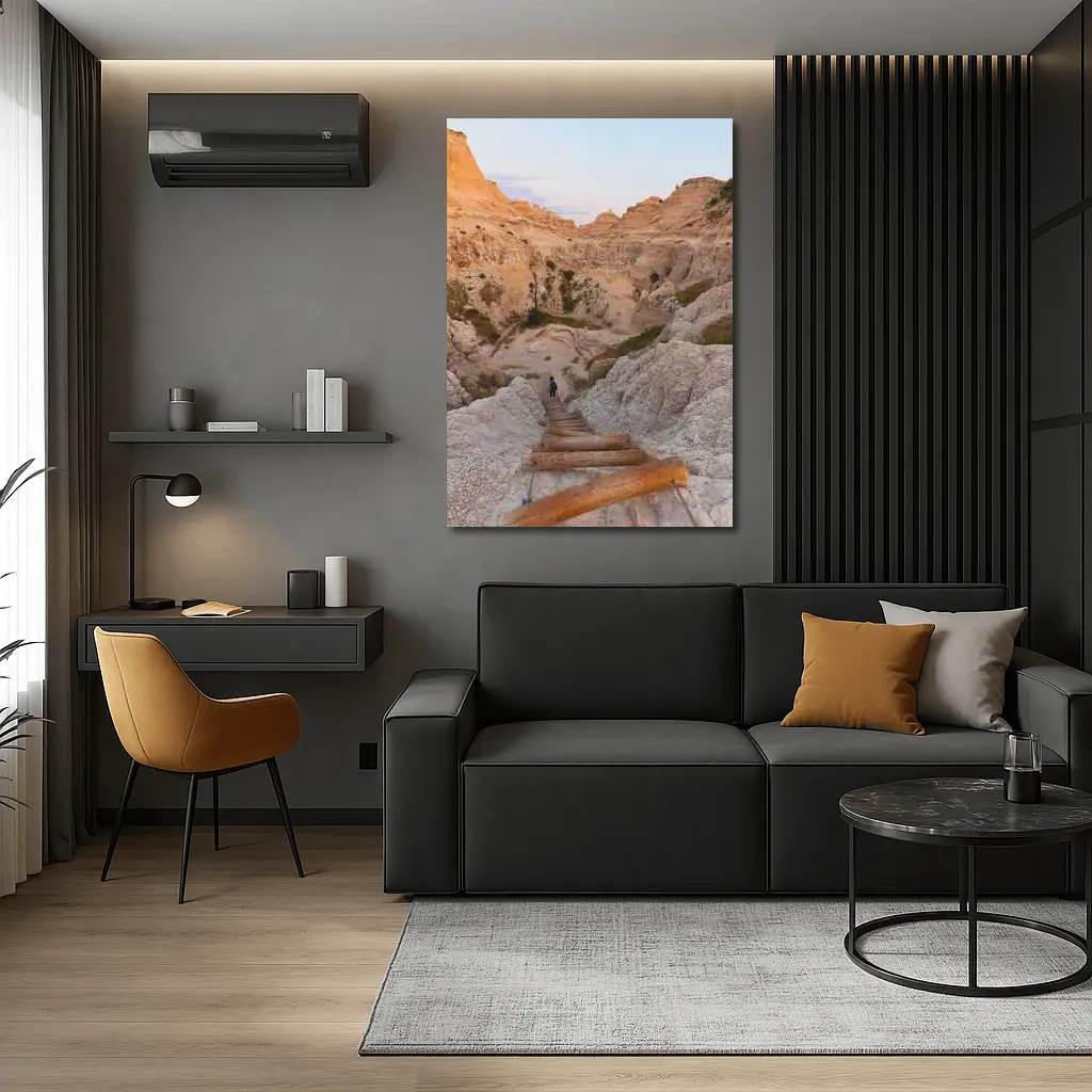 Badlands Canyon Hiker Wooden Ladder Desert – Wall Art