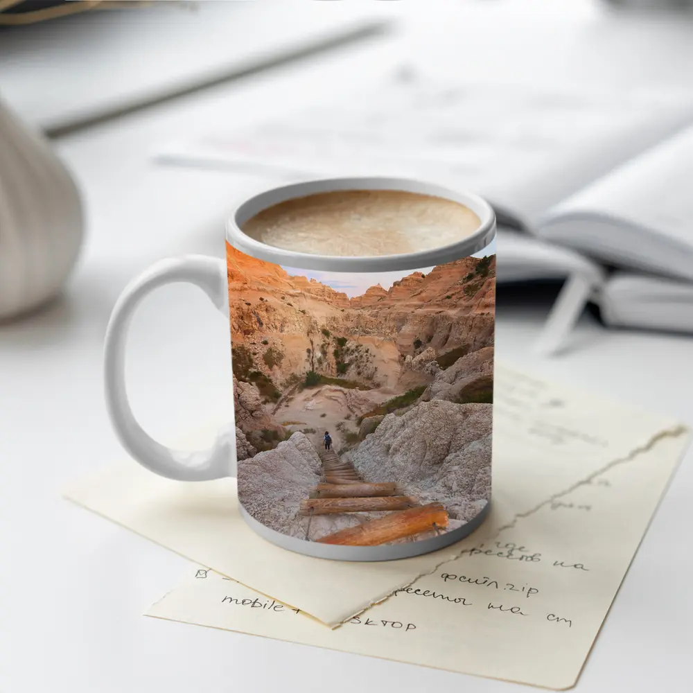 Badlands Canyon Hiker Wooden Ladder Desert – Mugs