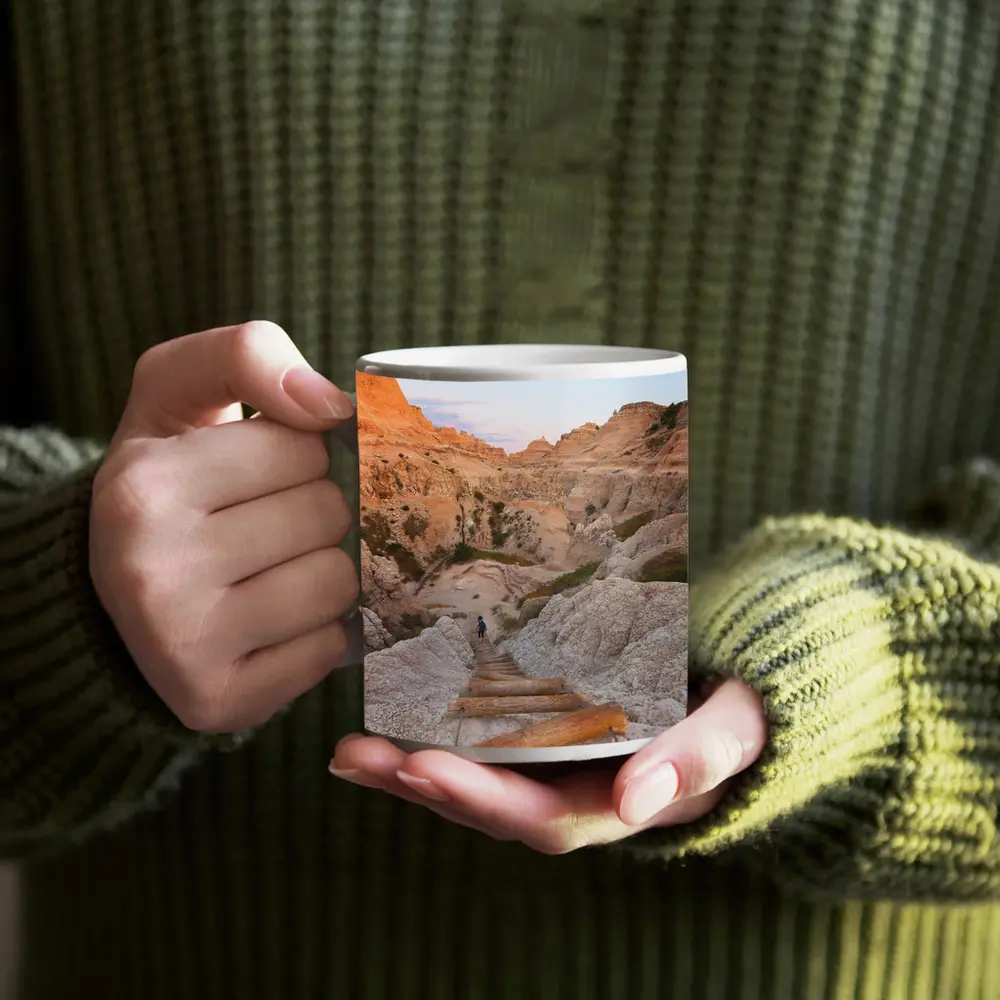 Badlands Canyon Hiker Wooden Ladder Desert – Mugs