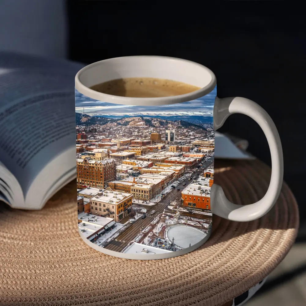 Rapid City Downtown Aerial Winter Snow View – Mugs