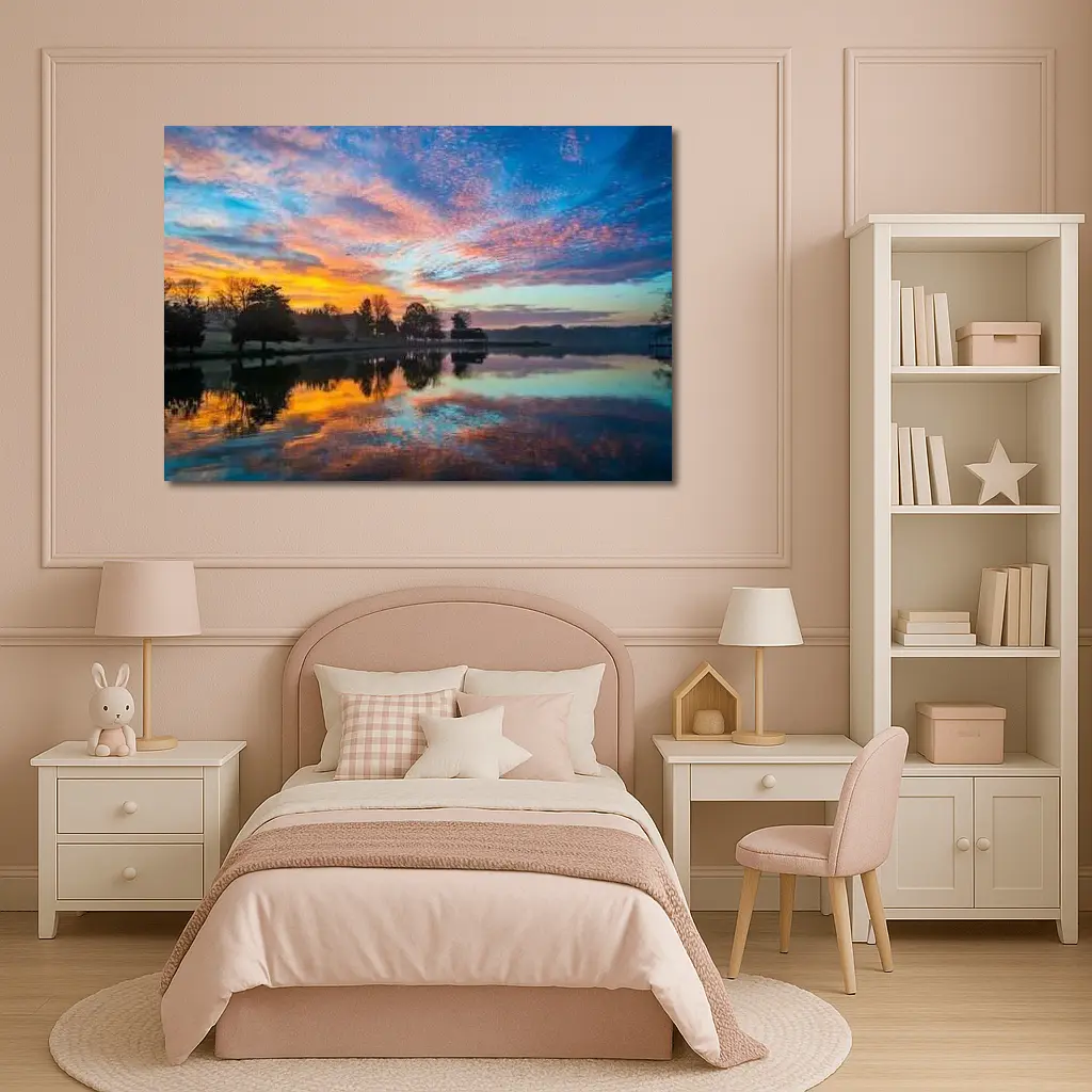Sunrise Lake Reflection Blue Orange Sky – Wall Art