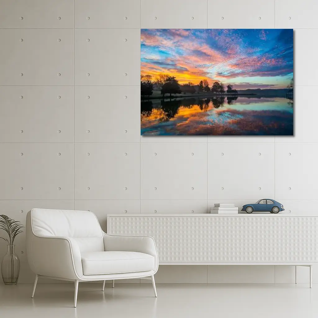 Sunrise Lake Reflection Blue Orange Sky – Wall Art