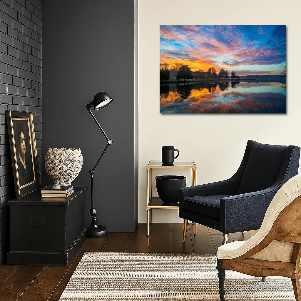 Sunrise Lake Reflection Blue Orange Sky – Wall Art