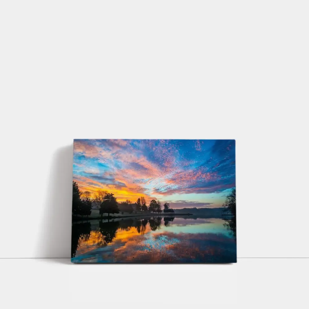 Sunrise Lake Reflection Blue Orange Sky – Wall Art