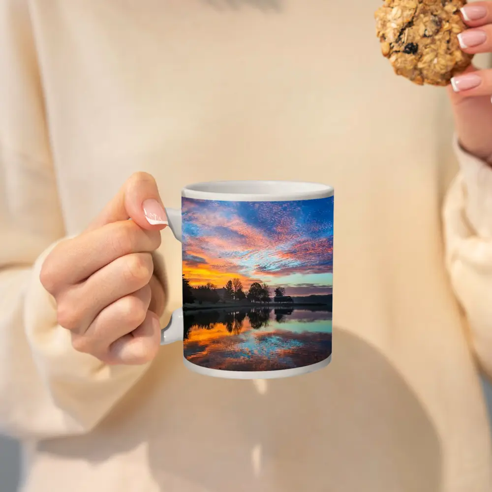 Sunrise Lake Reflection Blue Orange Sky – Mugs