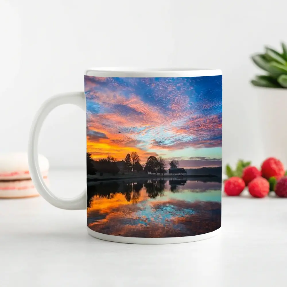 Sunrise Lake Reflection Blue Orange Sky – Mugs