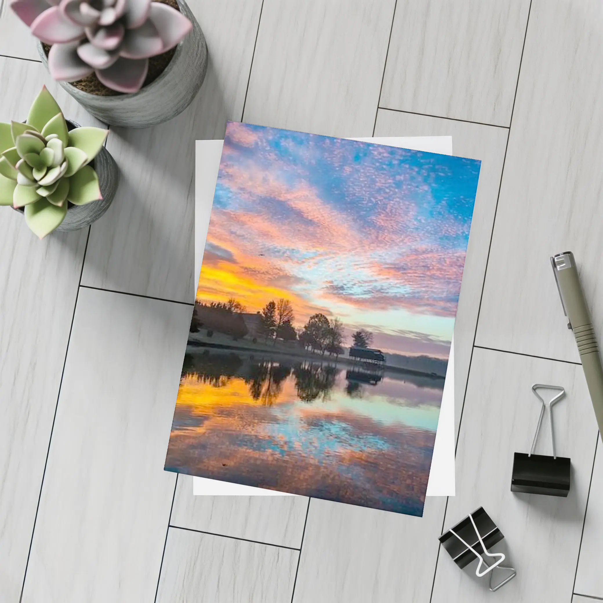Sunrise Lake Reflection Blue Orange Sky – Postcards