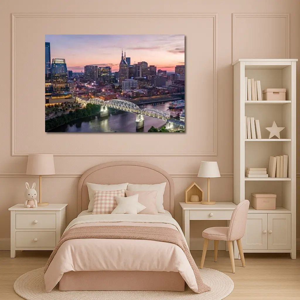 Nashville Skyline Sunset Over Cumberland River – Wall Art