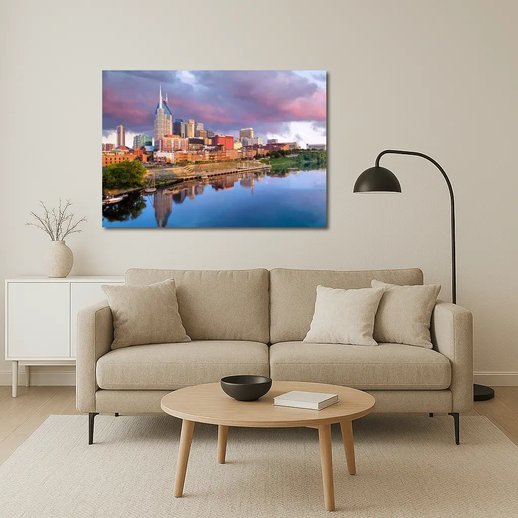 Nashville Skyline Reflecting Cumberland River Sunset – Wall Art