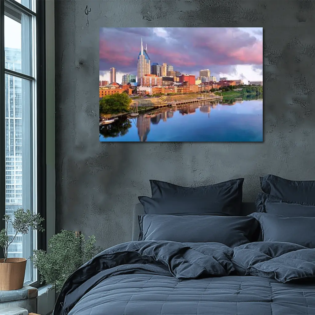 Nashville Skyline Reflecting Cumberland River Sunset – Wall Art