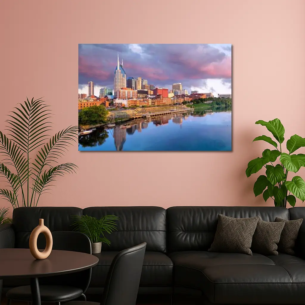 Nashville Skyline Reflecting Cumberland River Sunset – Wall Art