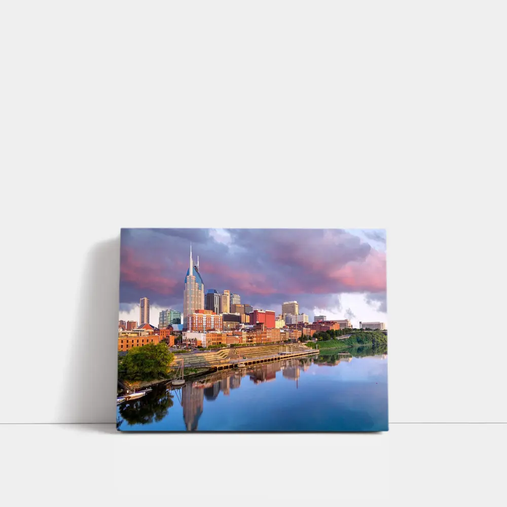Nashville Skyline Reflecting Cumberland River Sunset – Wall Art