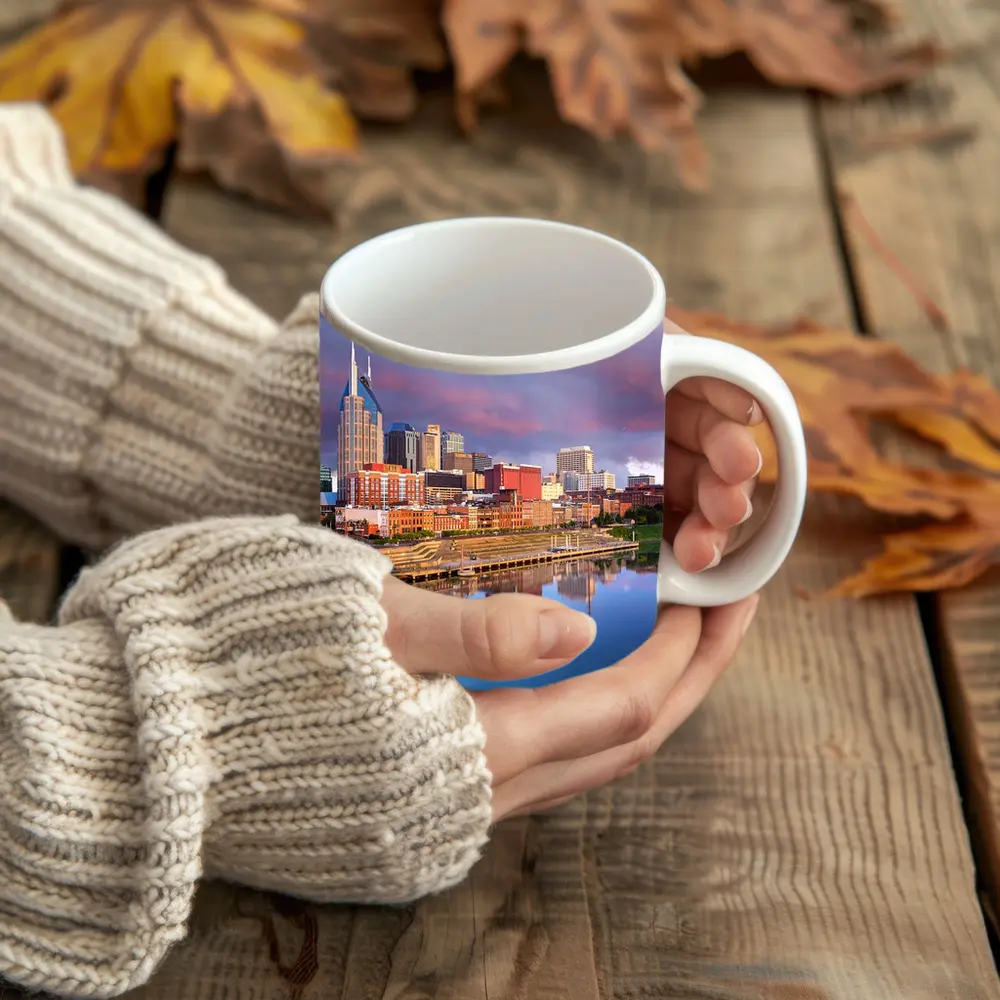 Nashville Skyline Reflecting Cumberland River Sunset – Mugs