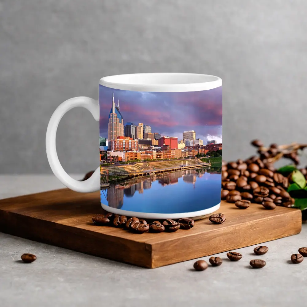 Nashville Skyline Reflecting Cumberland River Sunset – Mugs