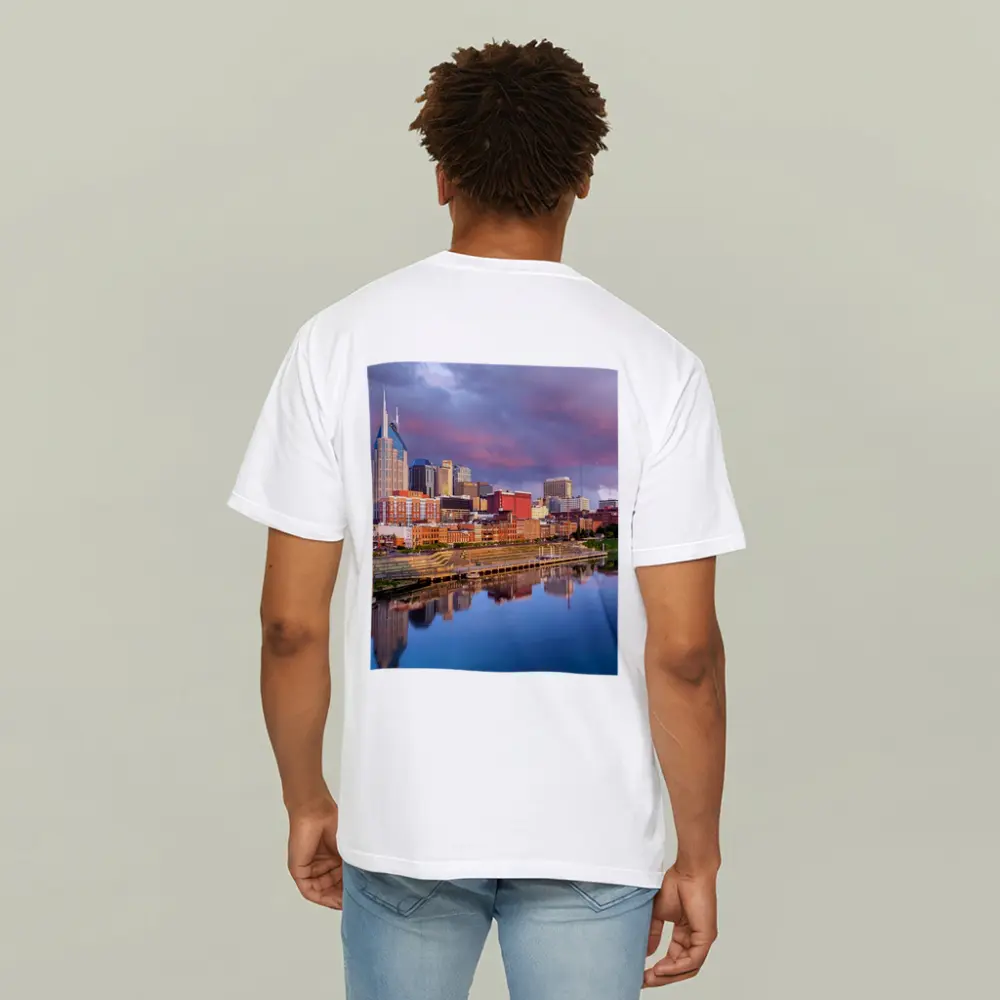 Nashville Skyline Reflecting Cumberland River Sunset – T-Shirts