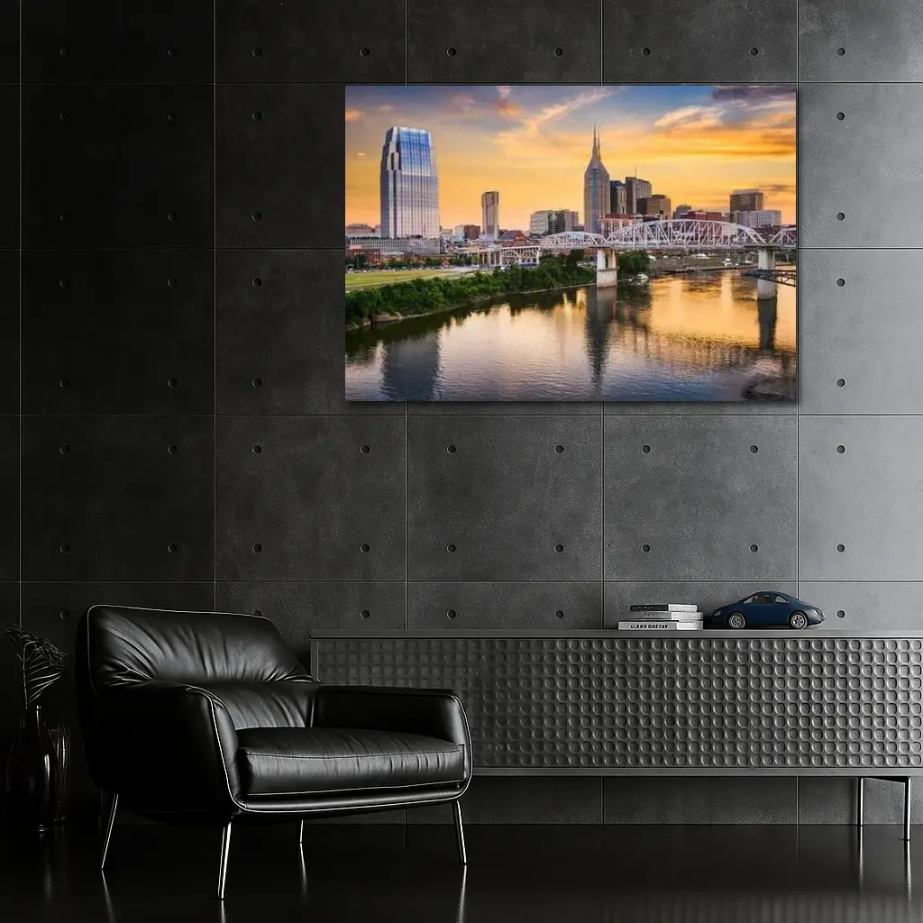 Nashville Skyline Sunset Over Cumberland River – Wall Art