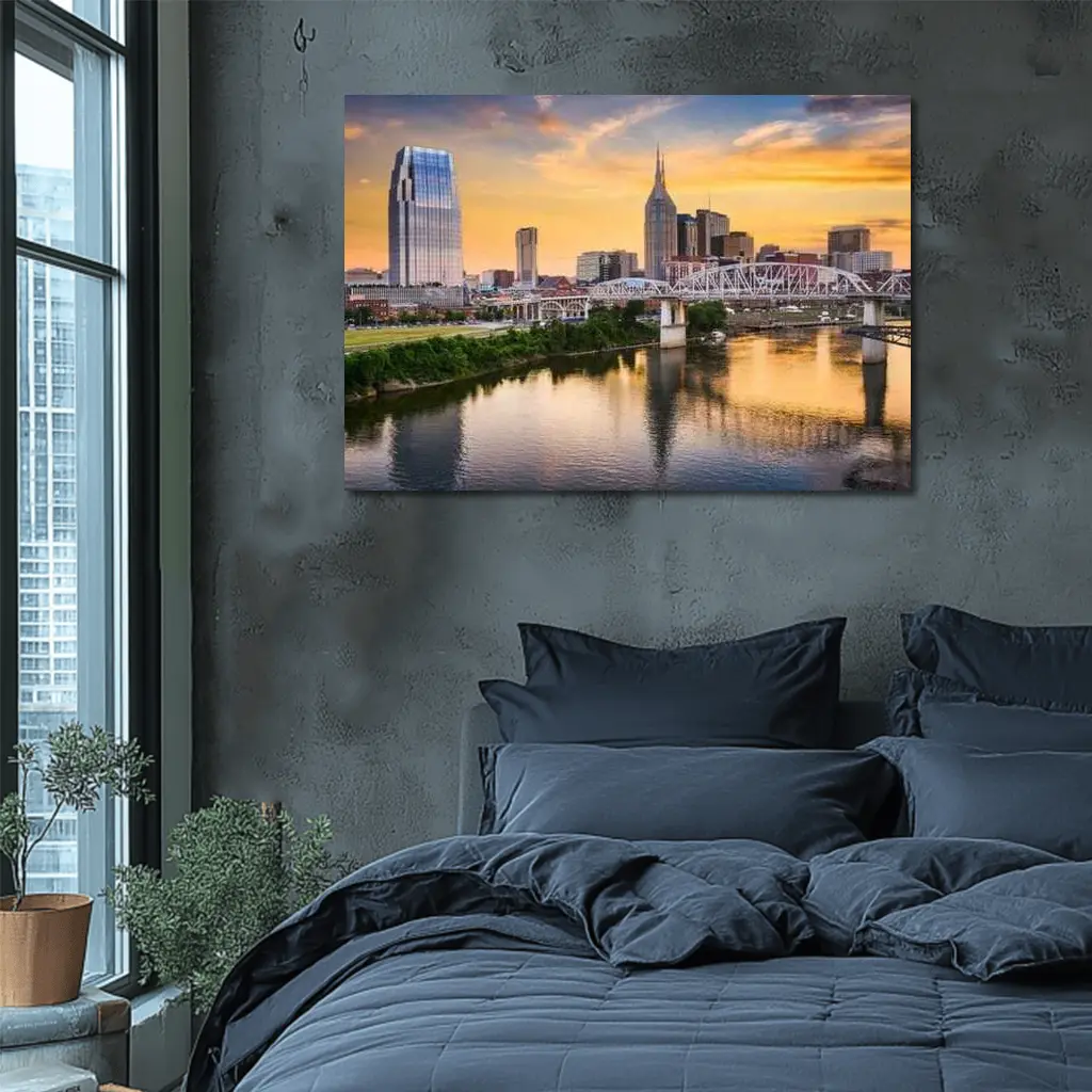 Nashville Skyline Sunset Over Cumberland River – Wall Art
