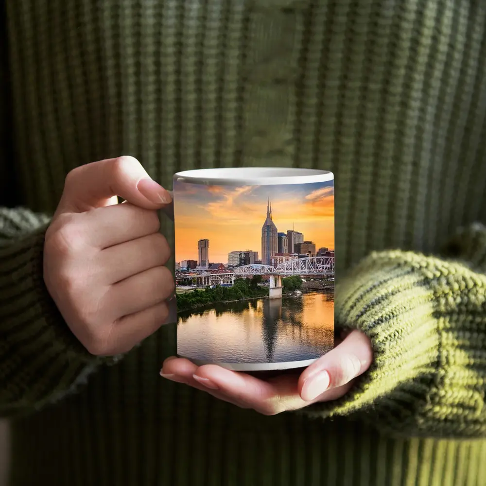 Nashville Skyline Sunset Over Cumberland River – Mugs
