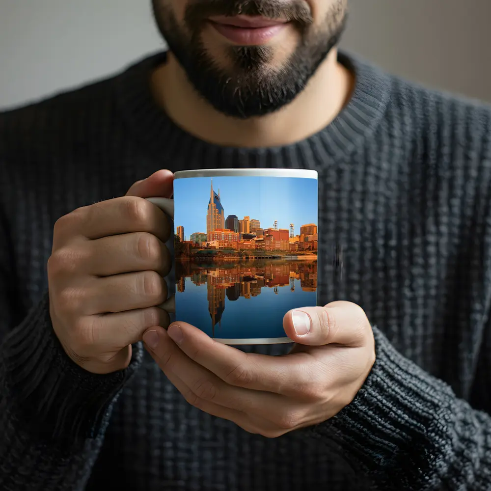 Nashville Skyline Reflecting on Cumberland River – Mugs