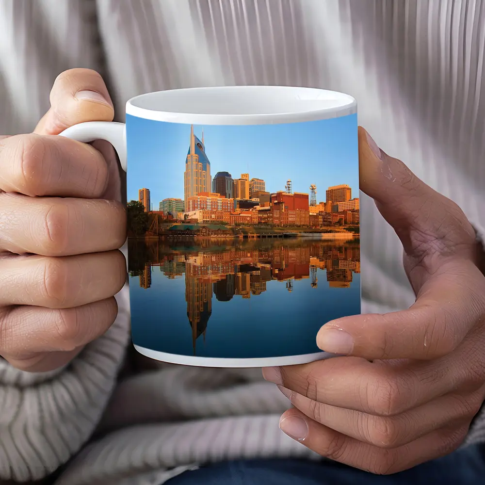 Nashville Skyline Reflecting on Cumberland River – Mugs