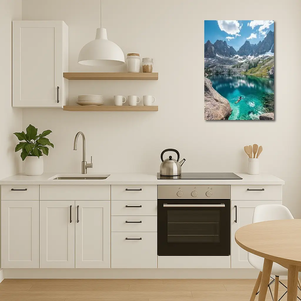 Person Swimming Alpine Lake Jagged Mountain Peaks – Wall Art