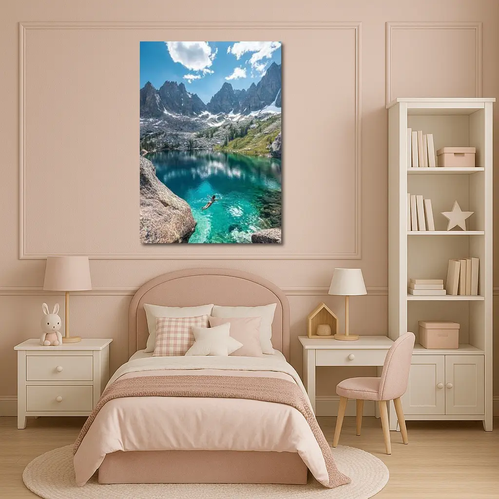 Person Swimming Alpine Lake Jagged Mountain Peaks – Wall Art