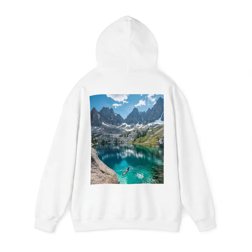 Person Swimming Alpine Lake Jagged Mountain Peaks – Hoodies