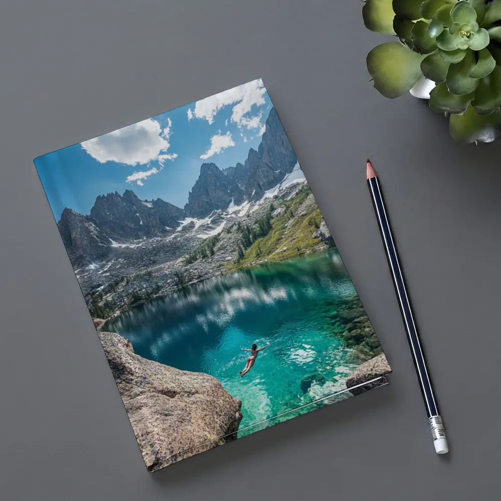 Person Swimming Alpine Lake Jagged Mountain Peaks – Notebooks