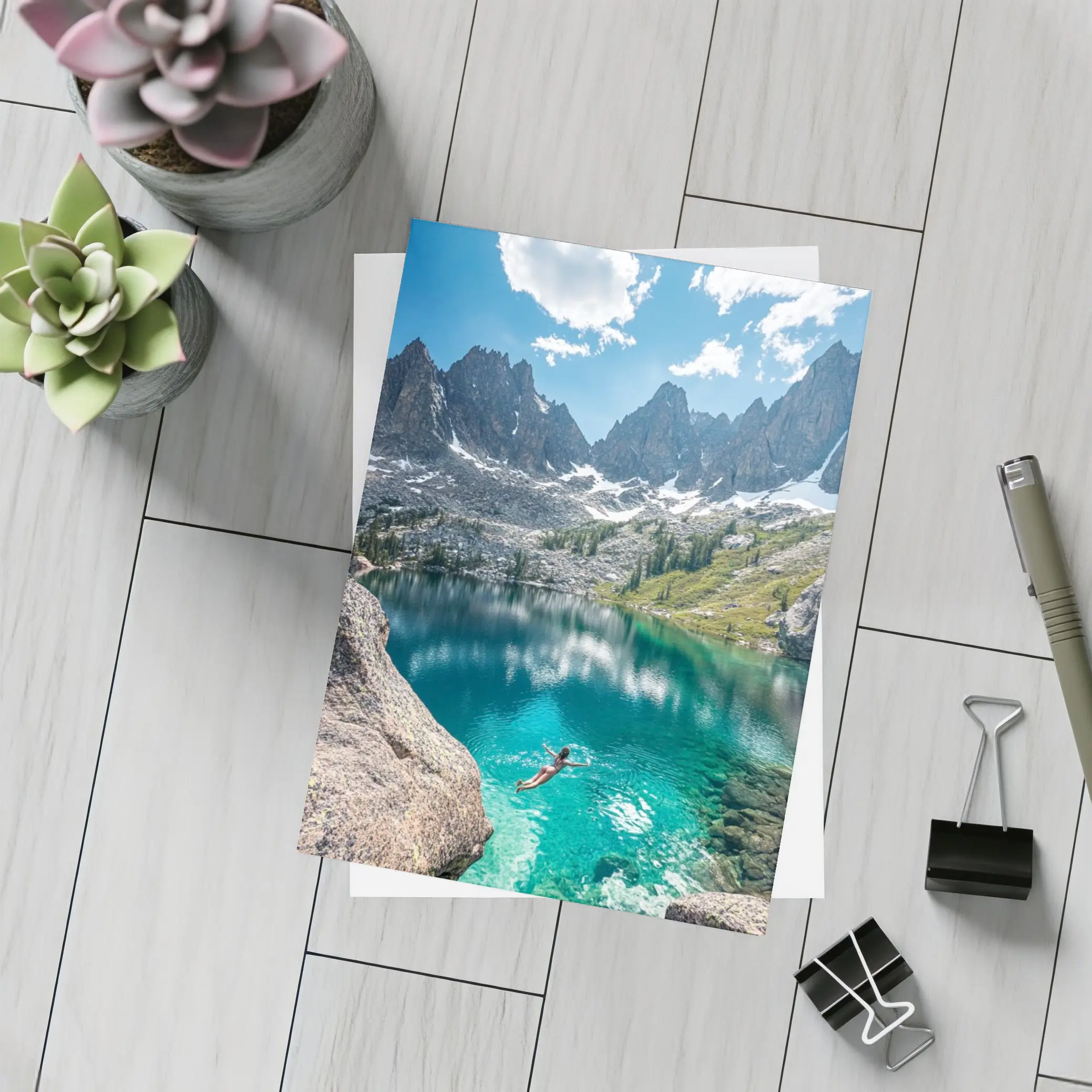Person Swimming Alpine Lake Jagged Mountain Peaks – Postcards