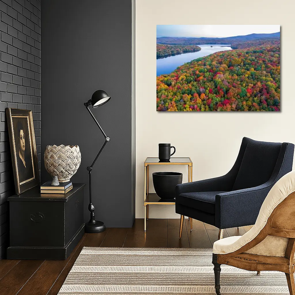 Aerial Autumn Forest Lake Mountain View – Wall Art